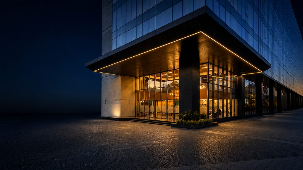 Modern architectural facade at twilight